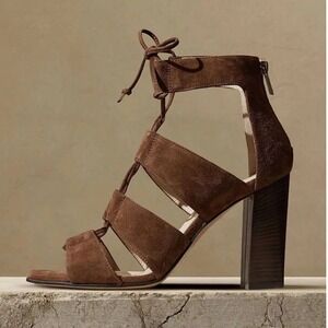 Banana Republic Brown Suede Gladiator Block Heel Sandals Lace Up Back Zip 10 New